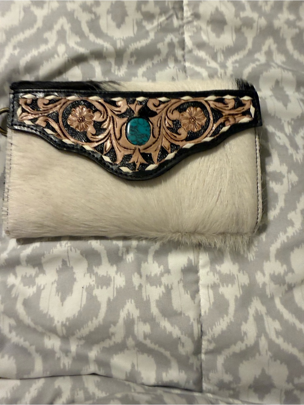 Handcrafted Hair-On Hide Wallet Clutch with Turquoise Accent